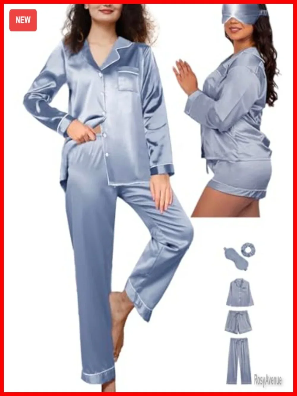 5 Piece Womens Silk Satin Pajama Set Button Down Pjs Set Loungewear Sleepwear